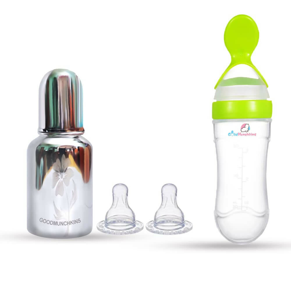 Goodmunchkins Stainless Steel Feeding Bottle & Spoon Food Feeder Anti Colic Silicone Nipple Combo-(Green,150ml) | Grocsy