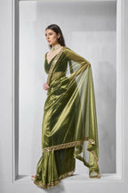 Green Gold Tissue Net Solid & Gold Cotted Saree - Samaa | Grocsy