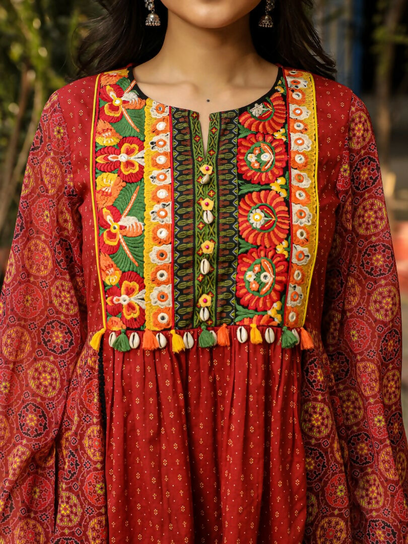 Juniper Rust Ethnic Motif Printed Cotton & Chiffon Peplum Tunic With Thread Embroidery & Tassels | Grocsy