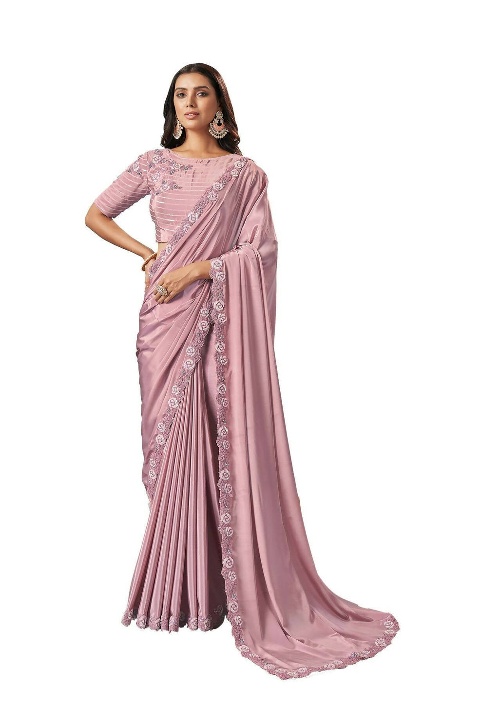 Pink Silk crepe Solid Saree With Unstitched Blouse Piece - Norita Ikshita | Grocsy