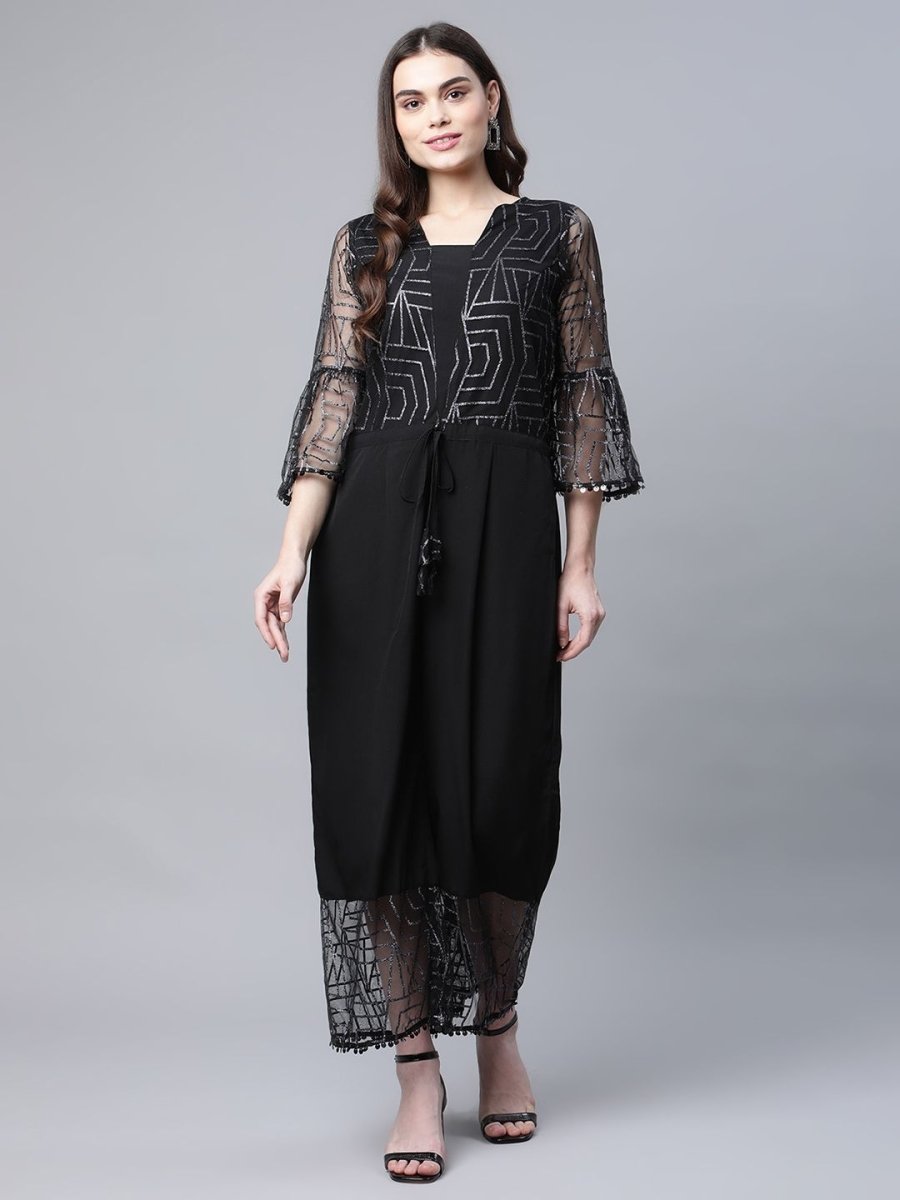Ahalyaa Womens Crepe & Net Black Printed Jumpsuit | Grocsy