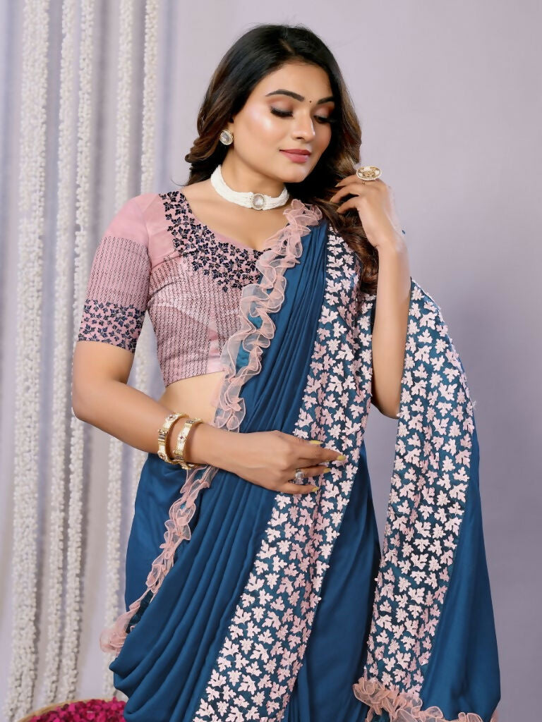 Teal Blue Silk Georgette Laser Cut Embroidery Wired Frills Saree - Norita Saumya | Grocsy