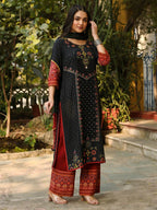 Juniper Black Ethnic Motif Placement Printed Rayon Kurta With Pant And Dupatta With Bead & Sequence Work | Grocsy