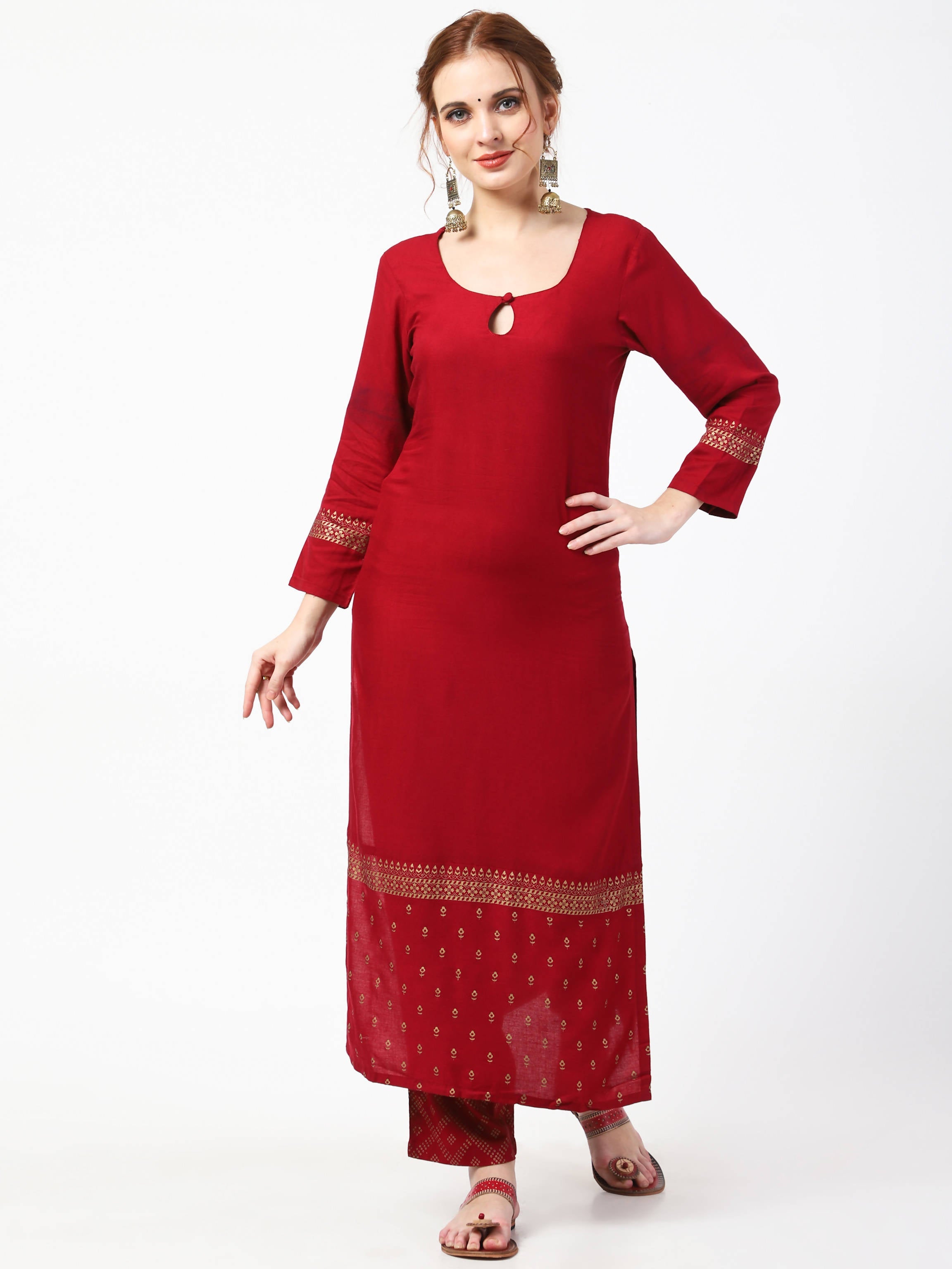 Cheera Gold Printed Maroon Kurta & Palazzo (CH-86KP) | Grocsy