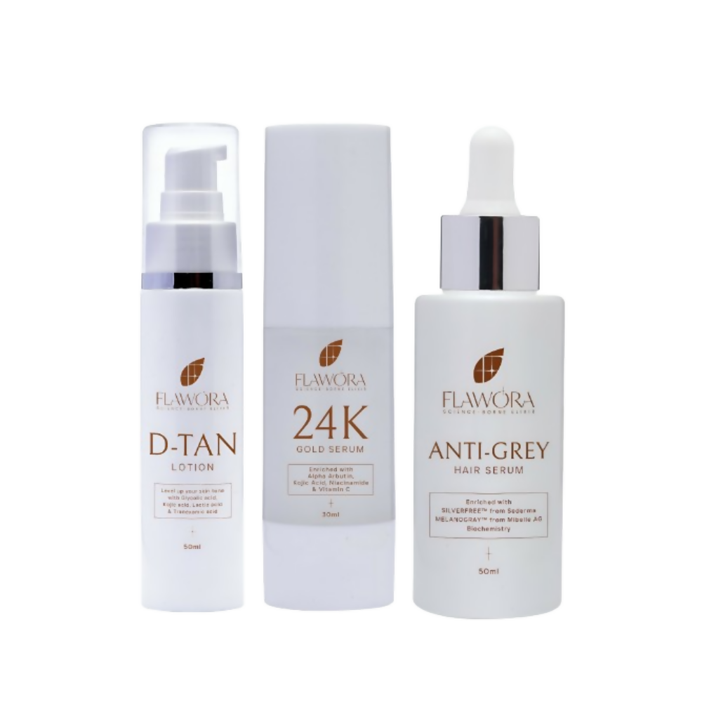 Flawora Set of Anti-Grey Hair Serum, D-Tan Lotion and Gold Face Serum | Grocsy