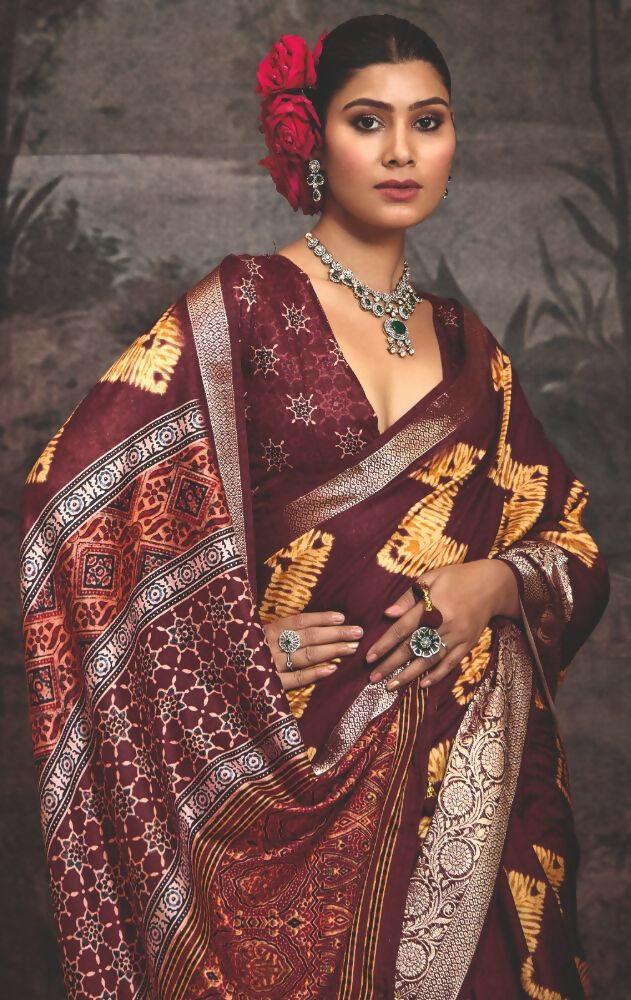 Joban Fashion Maroon Dola Tussar Silk Self Jacquard Border Saree | Grocsy