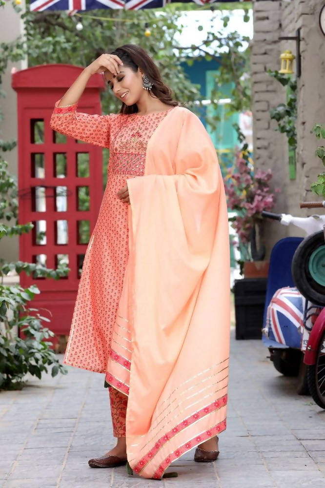 Yufta Women Peach Floral Mirror Work Pure Cotton Kurta with Trouser and Dupatta | Grocsy