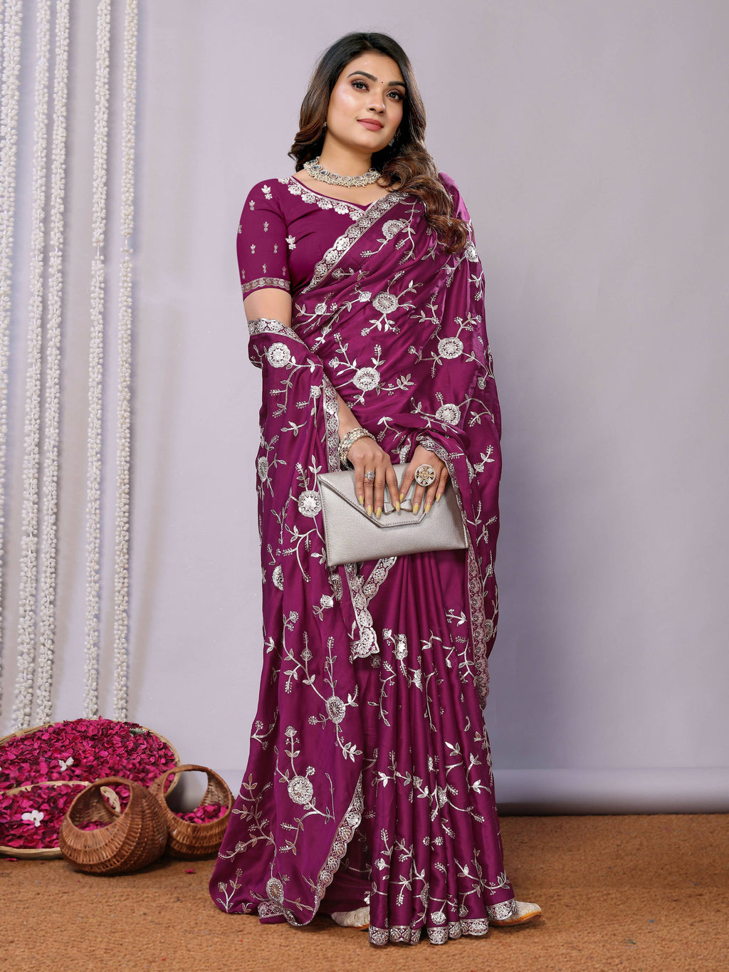Purple Pure Satin Embroidered Saree With Stitched Blouse - Nimaya Kaksha | Grocsy