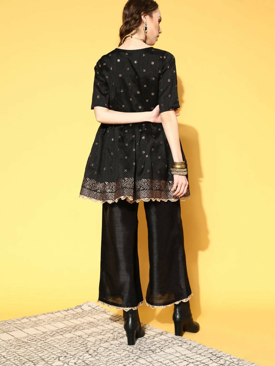 Ahalyaa Women Black Colour Poly Silk Copper Printed Top Palazzo Set | Grocsy