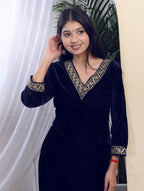 Miravan Women's Blue Velvet Embroidered/Sequence Work Straight Kurta with Palazzo | Grocsy