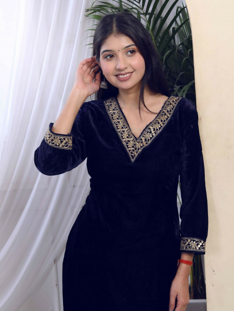 Miravan Women's Blue Velvet Embroidered/Sequence Work Straight Kurta with Palazzo | Grocsy