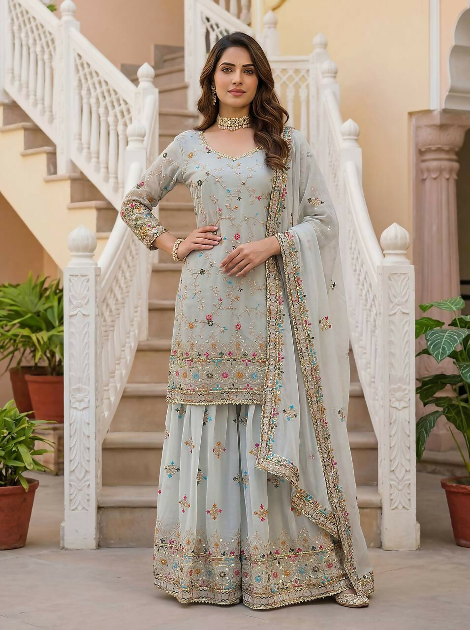 Teeya Creation Grey Faux Georgette Multi Thread Work Wedding Wear Sharara Set | Grocsy