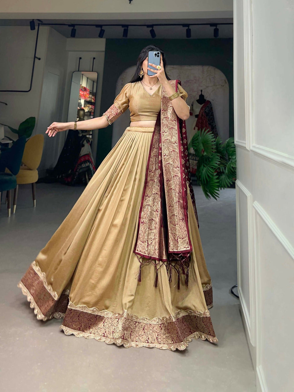 Vastranavya Traditional Jacquard Vichitra Silk Lehenga Choli - Chiku | Grocsy