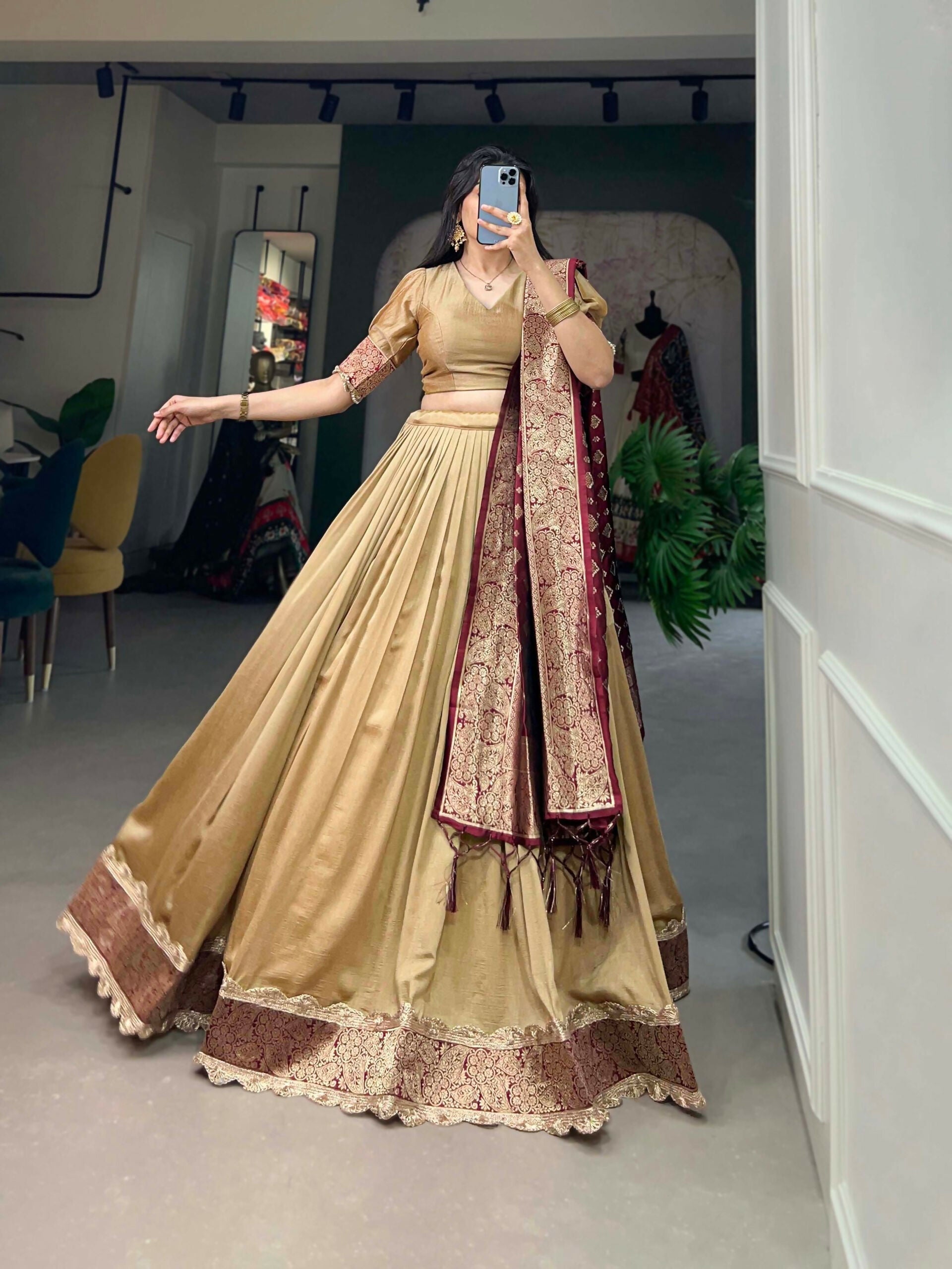 Vastranavya Traditional Jacquard Vichitra Silk Lehenga Choli - Chiku | Grocsy