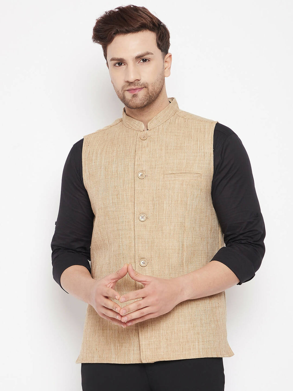 Even Apparels Beige Linen Men Woven Nehru Jacket LN719 | Grocsy