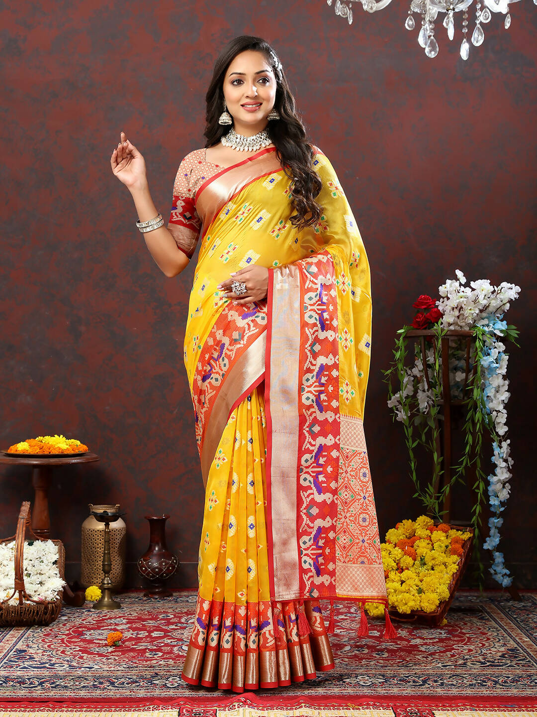 Lorenvalley Fashion Yellow Organza Silk Woven Design with Meenakari Weaving Saree | Grocsy