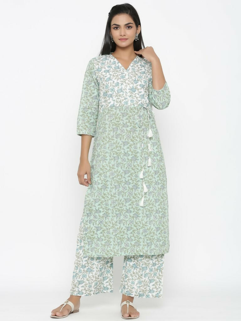 Miravan Women's Floral Jaipuri Cotton Kurta Palazzo With Tassel Set | Grocsy