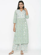 Miravan Women's Floral Jaipuri Cotton Kurta Palazzo With Tassel Set | Grocsy