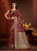 Maroon Silk Ethnic Motif Woven Design Saree with Unstitched Blouse Piece - Aachal | Grocsy