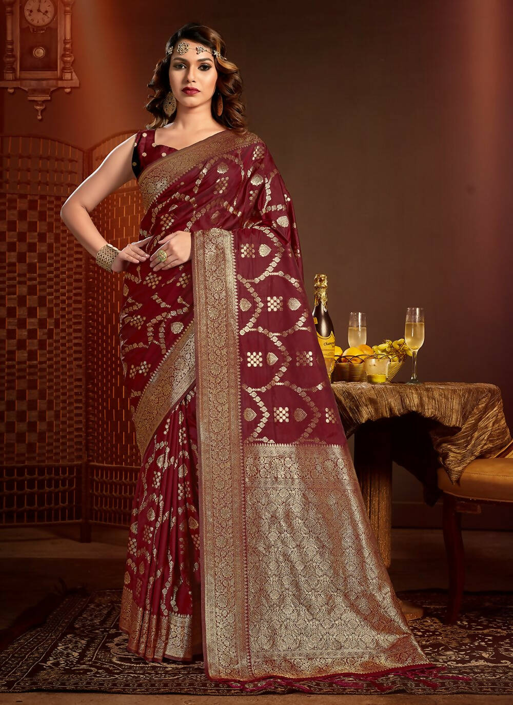 Maroon Silk Ethnic Motif Woven Design Saree with Unstitched Blouse Piece - Aachal | Grocsy
