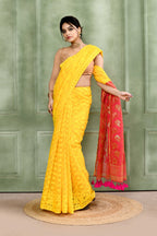 Piyari Fashion Women's Yellow Embellished Cotton Blend Jamdani Saree | Grocsy