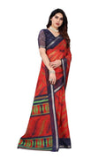 Vamika Red Linen Zari Border Printed Saree | Grocsy
