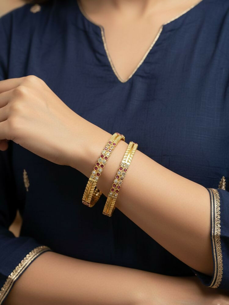 NVR Women Set of 2 Gold Plated CZ Stone Bangle | Grocsy