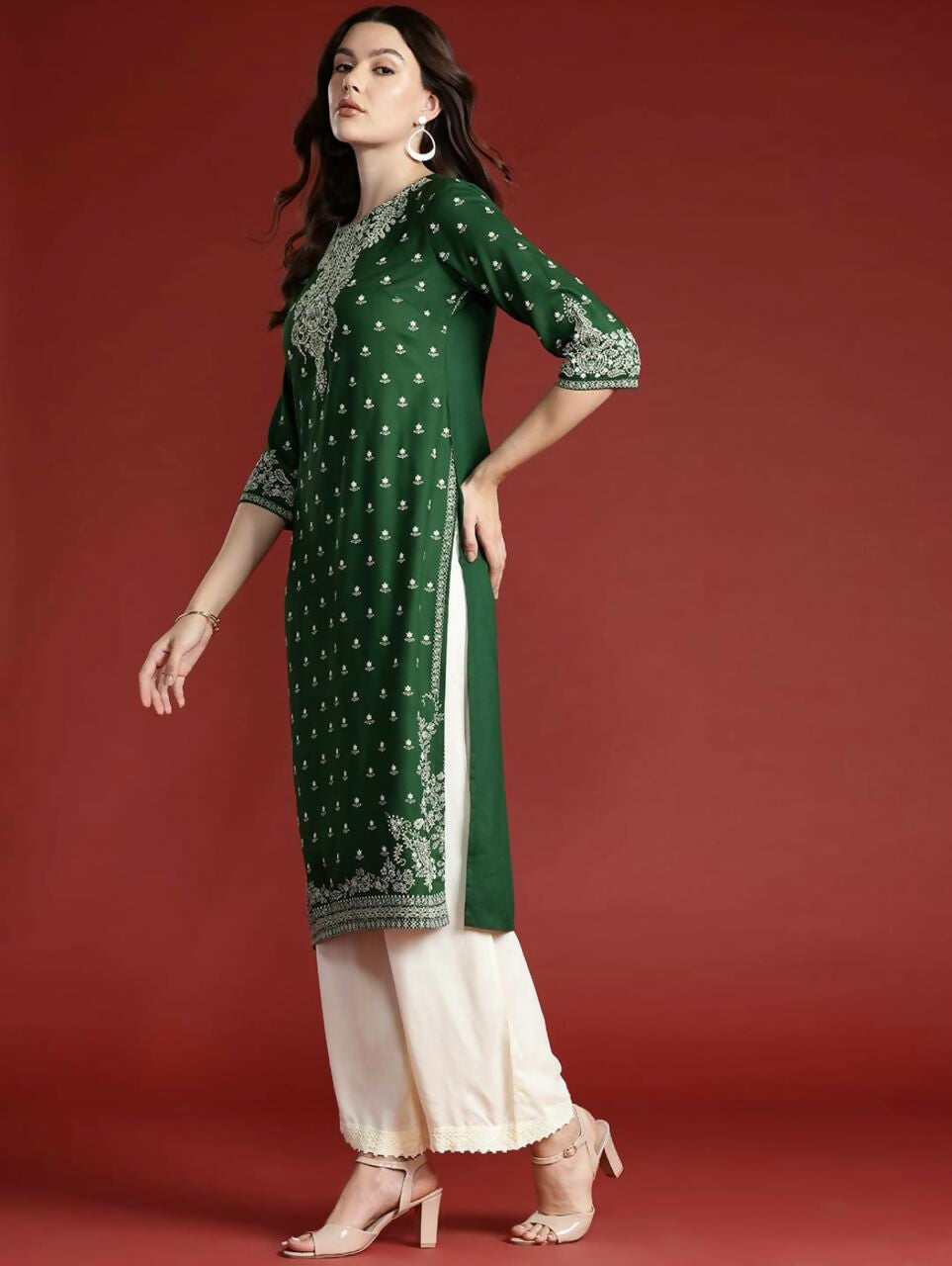 Cheera Women Stylish Hand Block Printed Cotton Blend Flared Kurta - Green | Grocsy