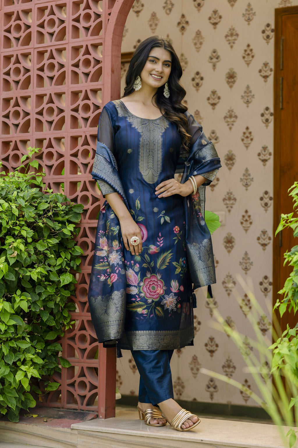 The52 Women's Beautiful Printed Work Jacquard Organza Fabric Straight Kurta Pant and Dupatta Set | Grocsy