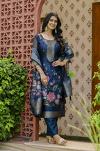 The52 Women's Beautiful Printed Work Jacquard Organza Fabric Straight Kurta Pant and Dupatta Set | Grocsy