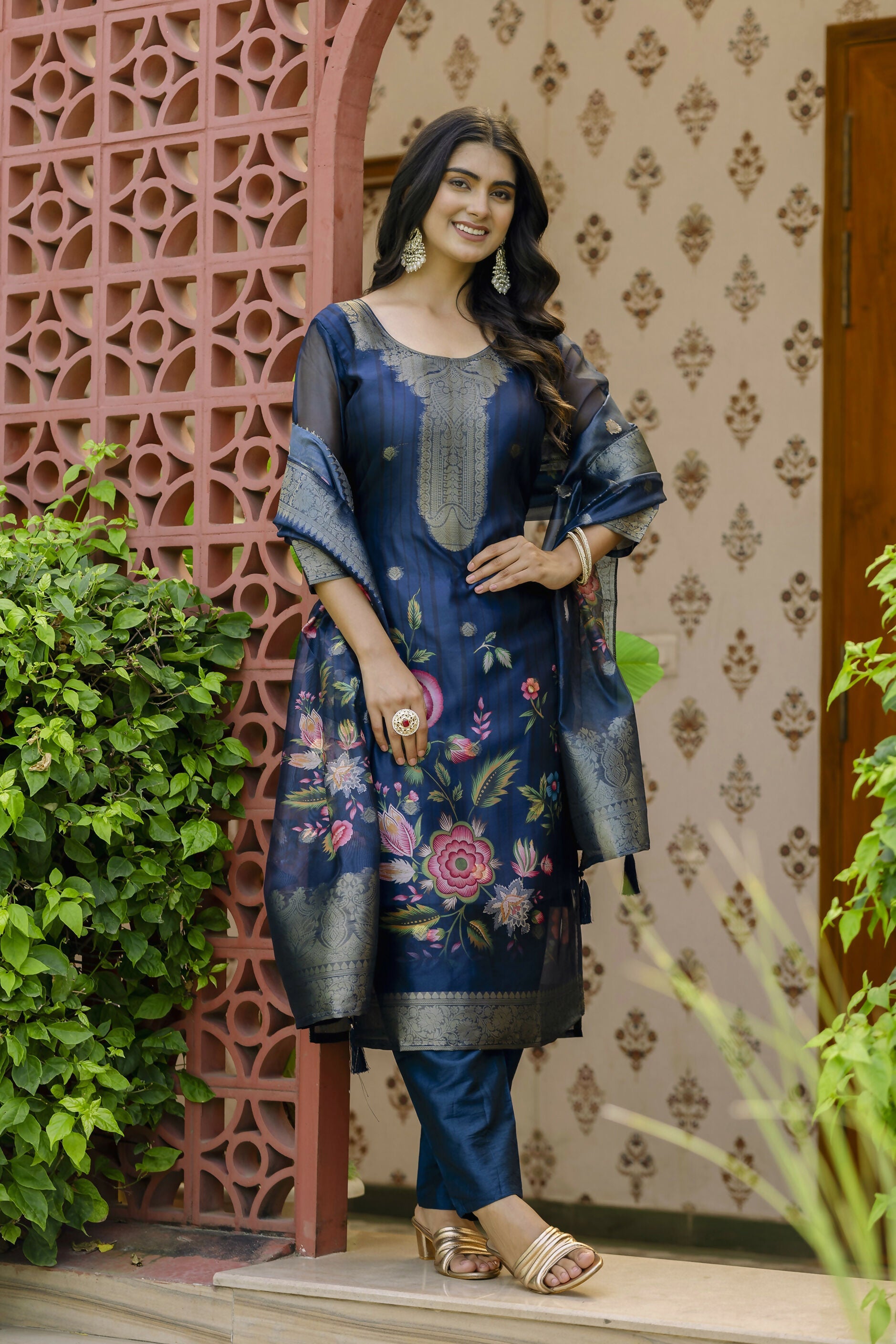 The52 Women's Beautiful Printed Work Jacquard Organza Fabric Straight Kurta Pant and Dupatta Set | Grocsy