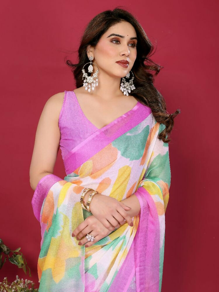 PR Fashion Purple Moss Chiffon Printed Saree | Grocsy