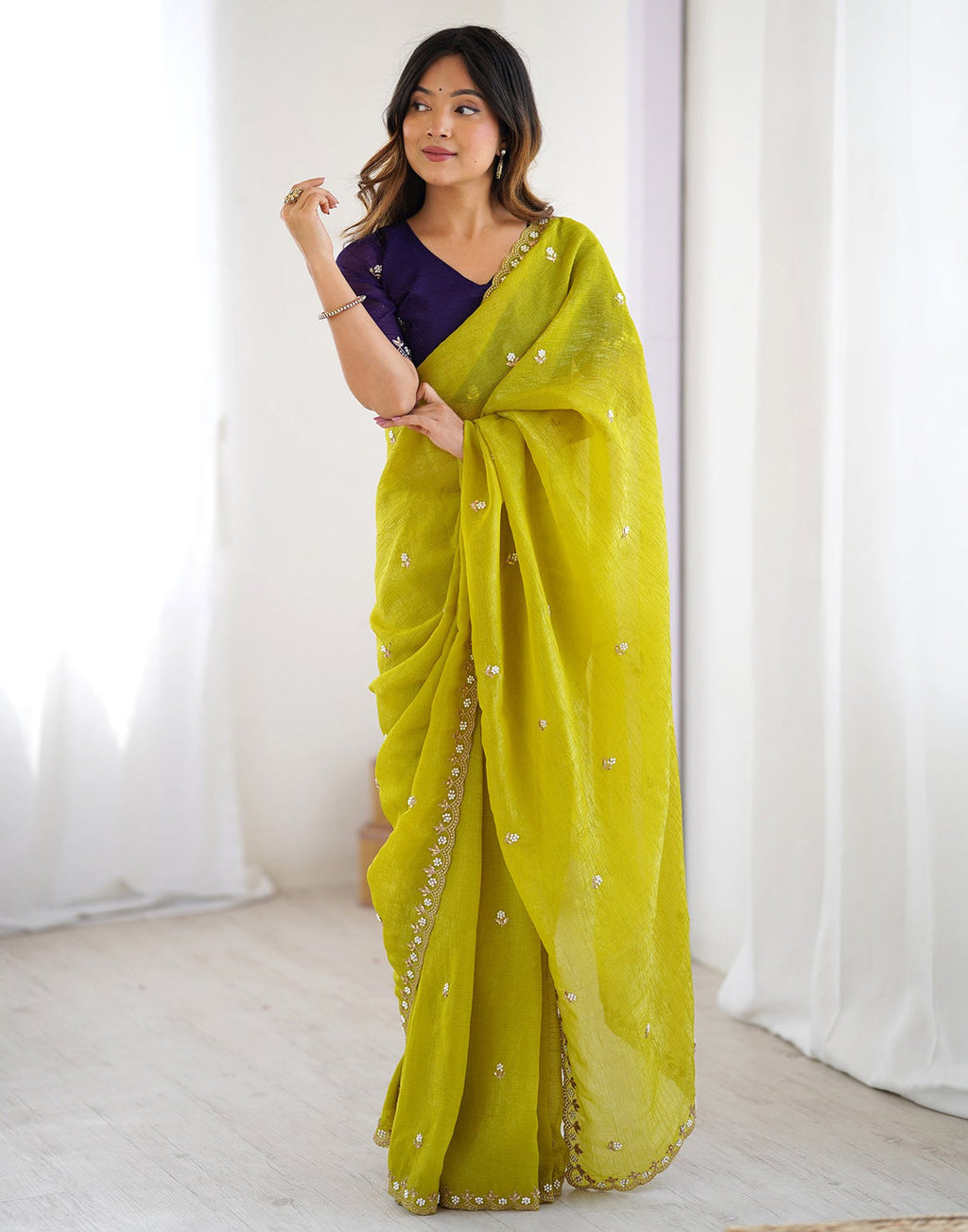 Lorenvalley Fashion Parrot Green Crunchy Silk Multi Embroidery Work Saree with Blouse | Grocsy