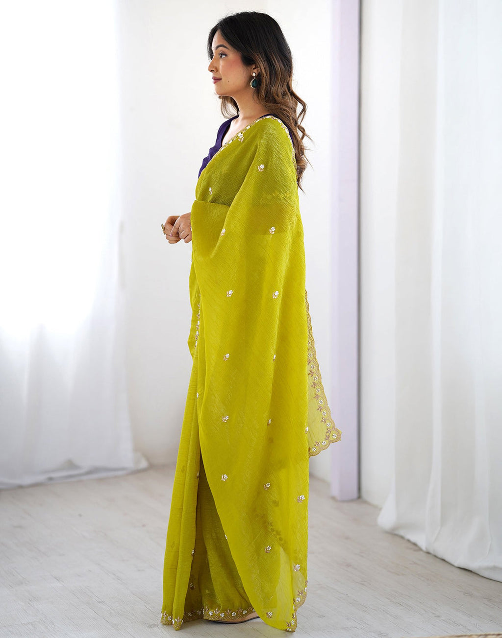 Lorenvalley Fashion Parrot Green Crunchy Silk Multi Embroidery Work Saree with Blouse | Grocsy