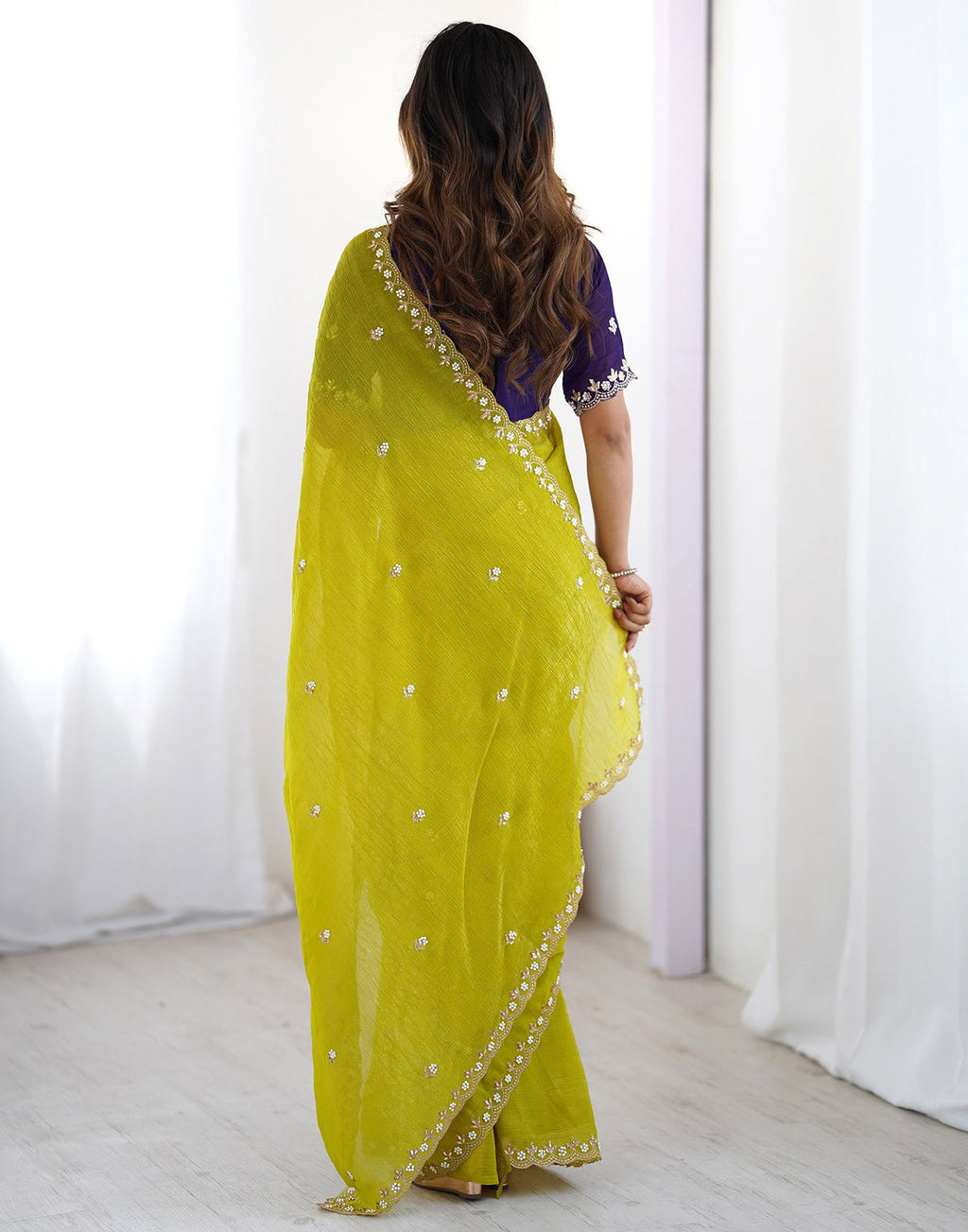 Lorenvalley Fashion Parrot Green Crunchy Silk Multi Embroidery Work Saree with Blouse | Grocsy