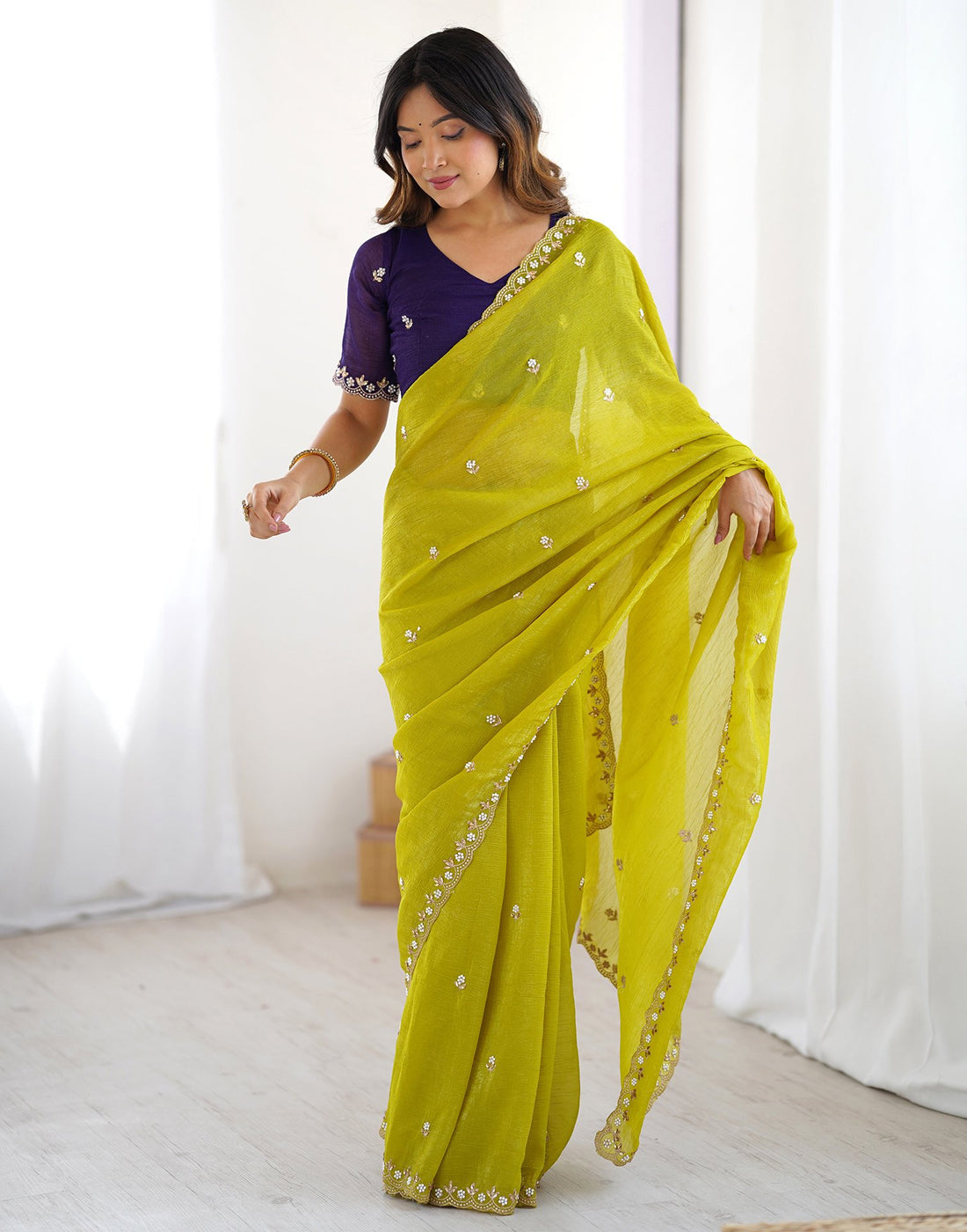 Lorenvalley Fashion Parrot Green Crunchy Silk Multi Embroidery Work Saree with Blouse | Grocsy
