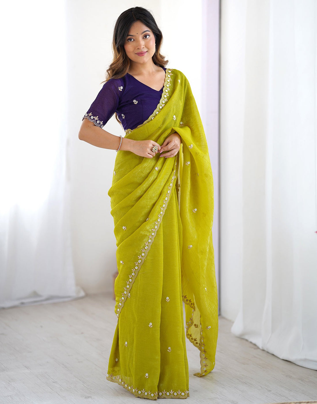 Lorenvalley Fashion Parrot Green Crunchy Silk Multi Embroidery Work Saree with Blouse | Grocsy
