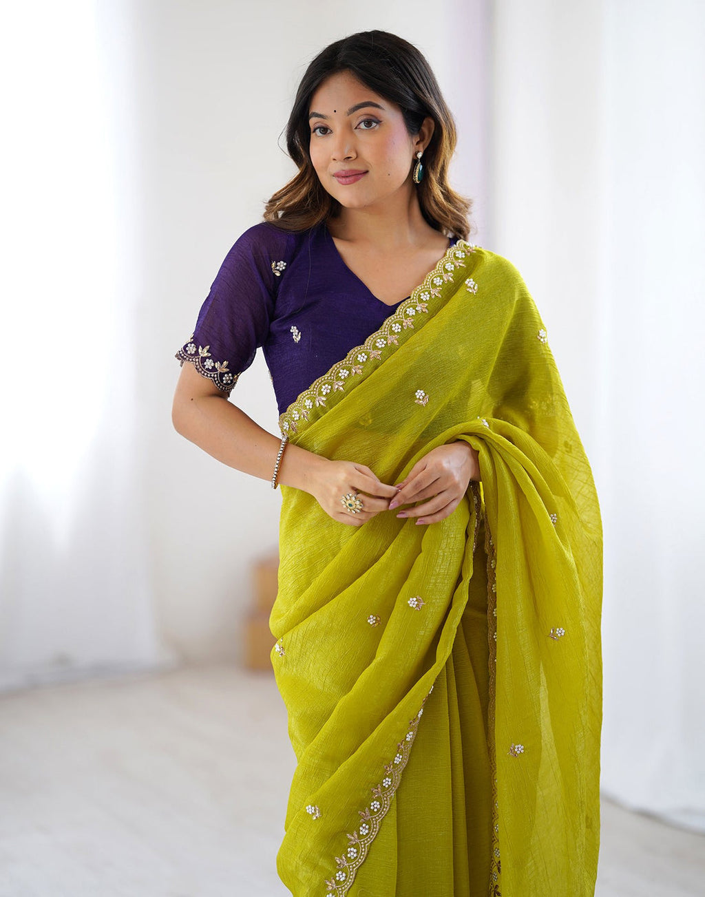 Lorenvalley Fashion Parrot Green Crunchy Silk Multi Embroidery Work Saree with Blouse | Grocsy