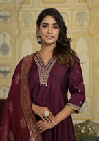 Juniper Women's Wine Zari Embroidered Viscose Kurta Pant And Dupatta Set With Sequins & Lace | Grocsy