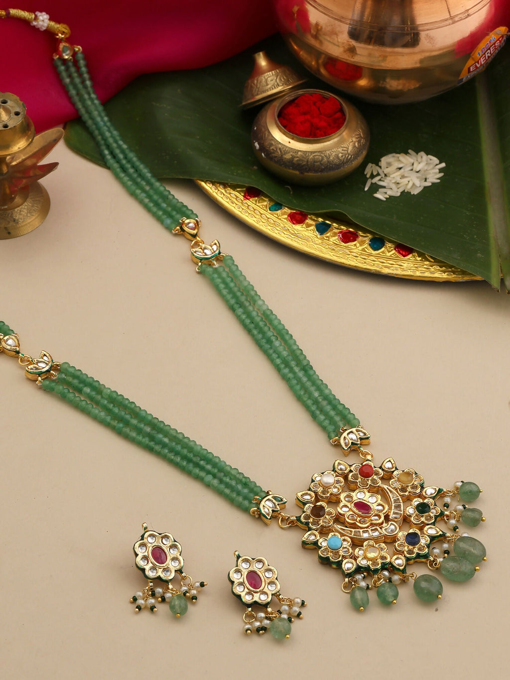 Ruby Raang Long Kundan Neckpiece With Earrings | Grocsy