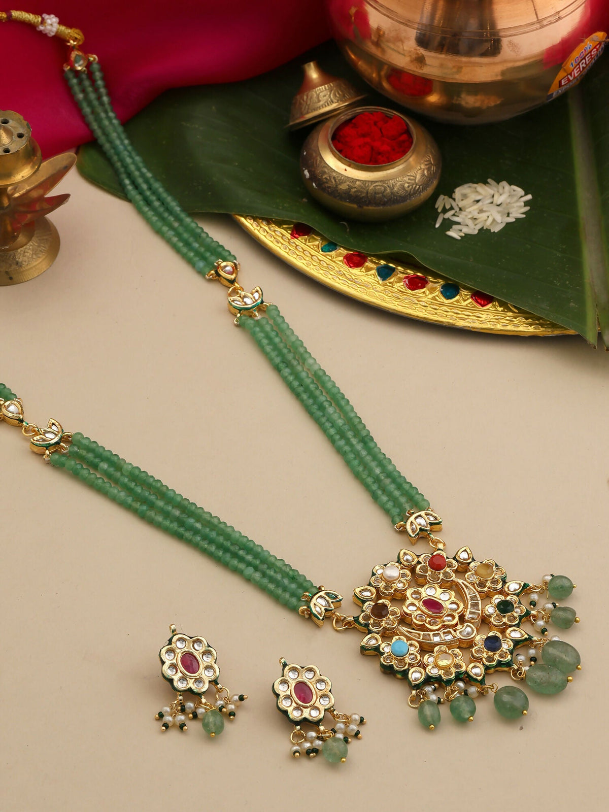 Ruby Raang Long Kundan Neckpiece With Earrings | Grocsy