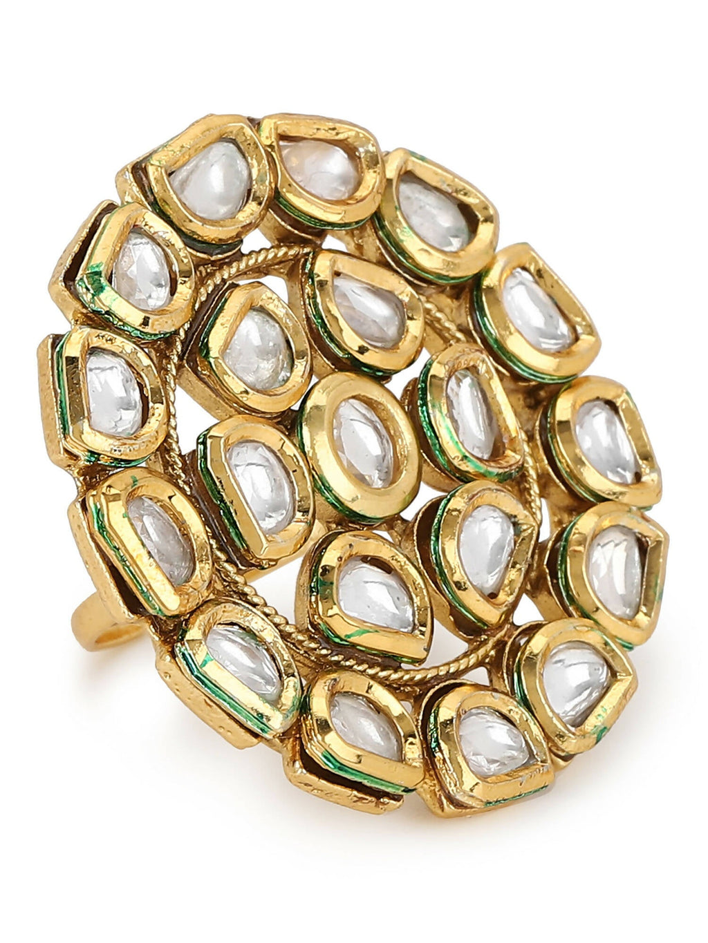 Gold-Polished White Kundan Studded Adjustable Finger Ring - Ruby Raang | Grocsy