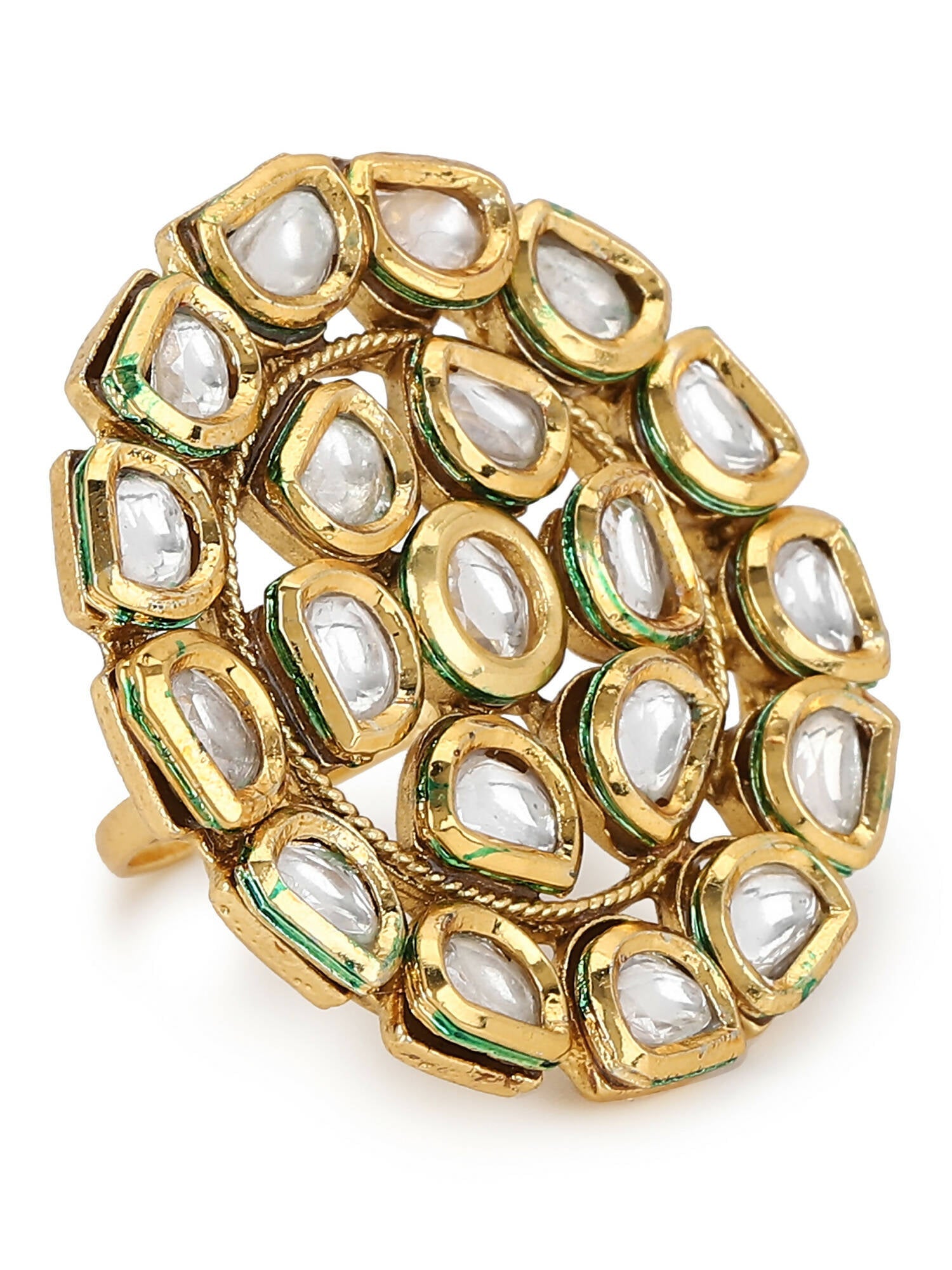 Gold-Polished White Kundan Studded Adjustable Finger Ring - Ruby Raang | Grocsy