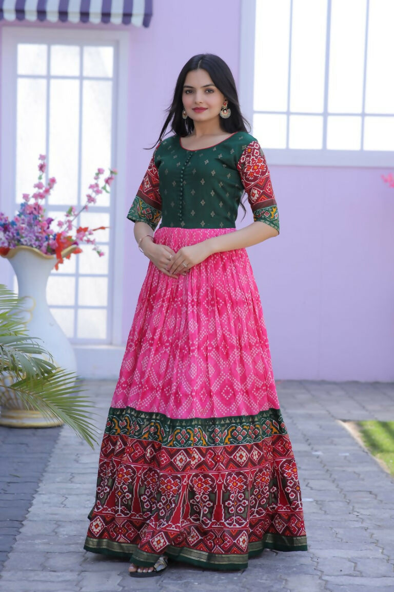 Jyoti Fashion Women's Pink Patola with Foil Print Dola Silk Anarkali Dress | Grocsy
