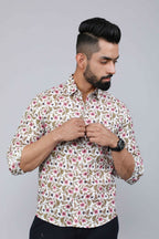 Miravan Men's Cotton Printed Full Sleeve Slim Fit Spread Neck White & Pink Colour Shirt | Grocsy