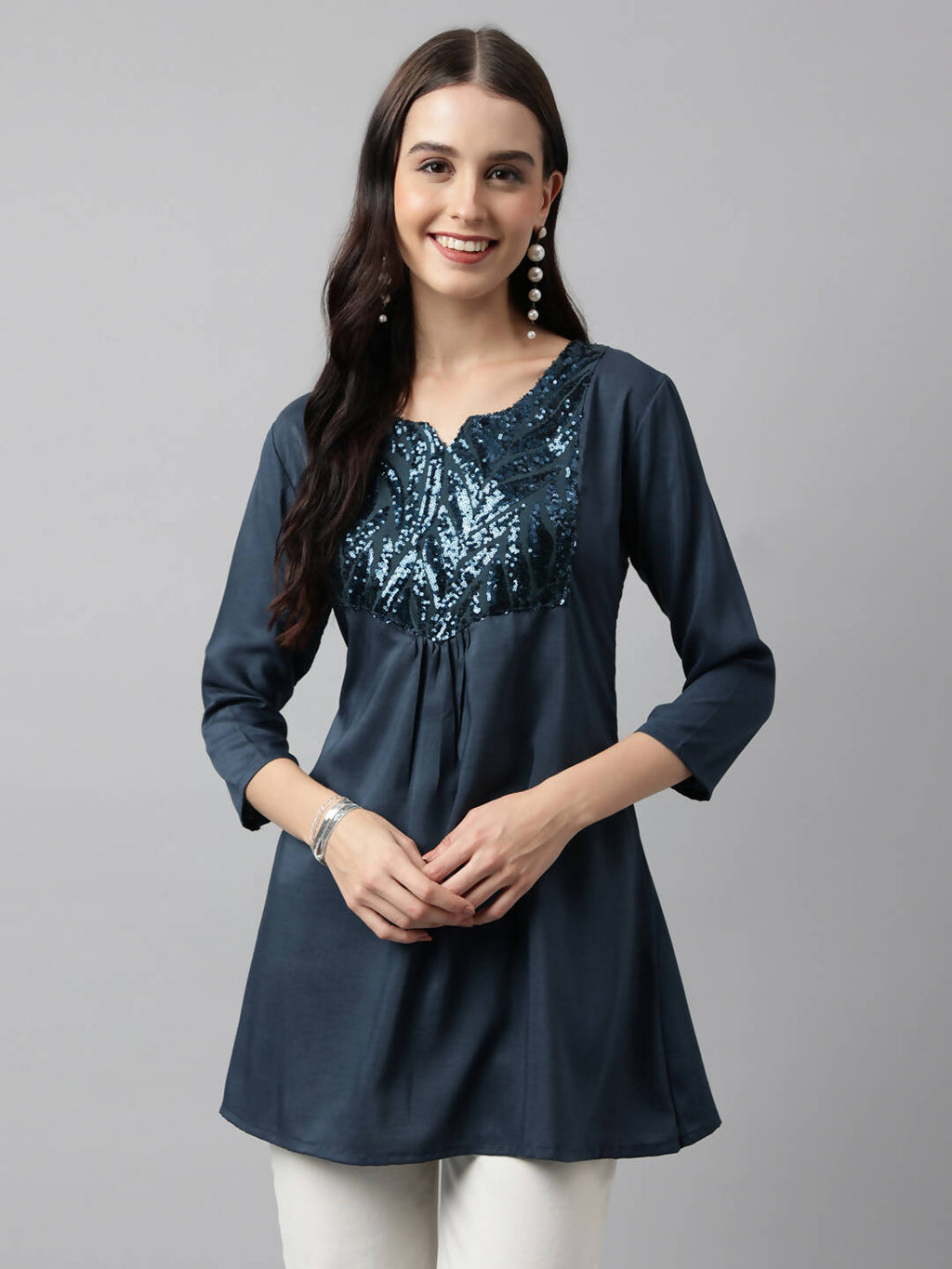 Teal Poly Cotton Yoke Sequence Embroidered A-line Top - Bosky | Grocsy