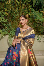 Jyoti Fashion Women's Navy Blue Paithani Silk Zari Woven Saree with Blouse | Grocsy
