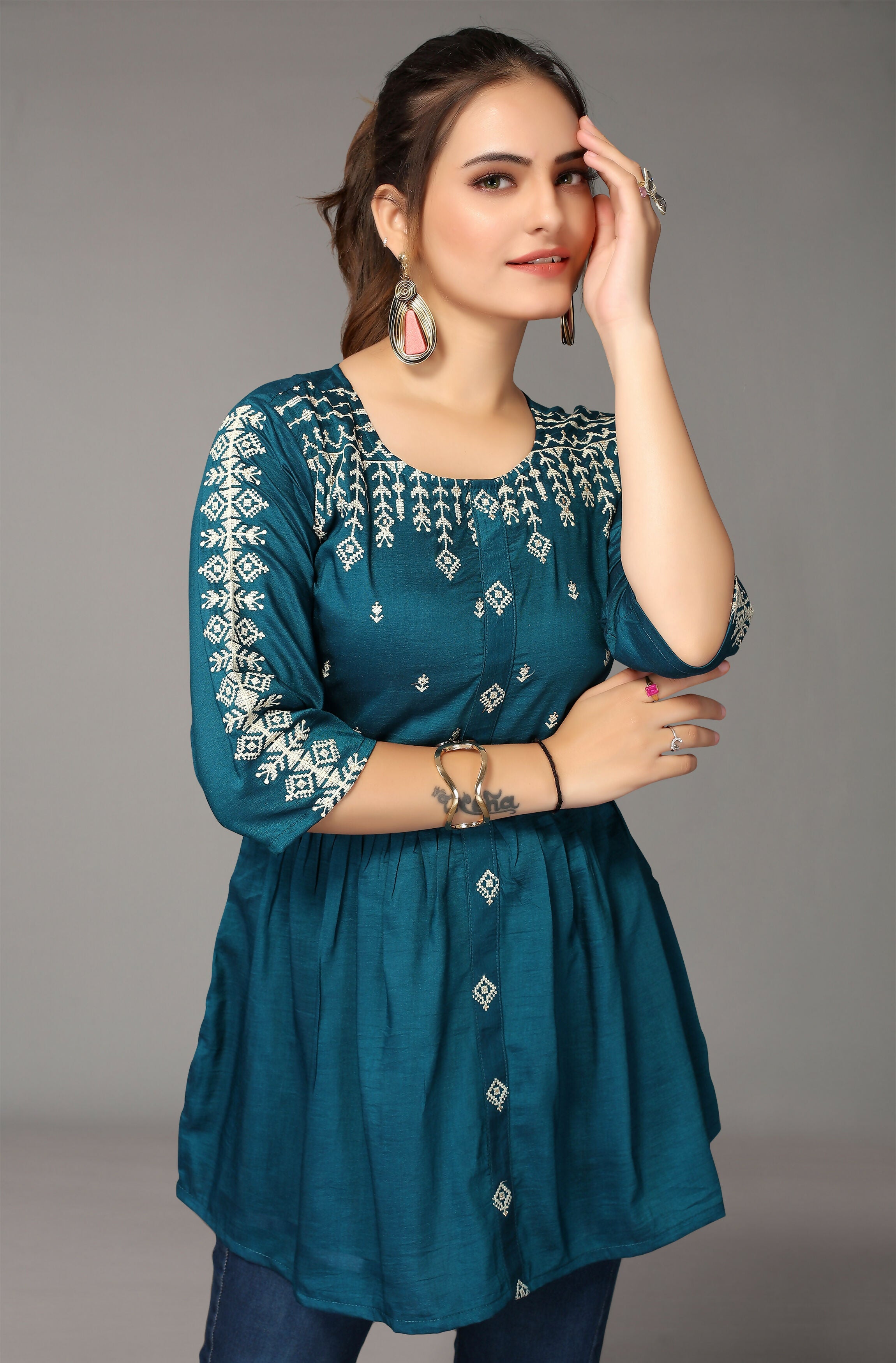 Women's Teal Viscose blend Embroidered Short Top - Marina | Grocsy