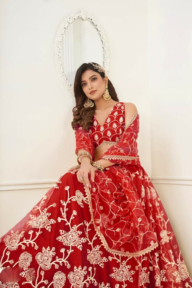 Aastha Fashion Red Butterfly Net White Cotton Thread Work And Sequence Work Embroidery Wedding Wear Lehenga Choli | Grocsy