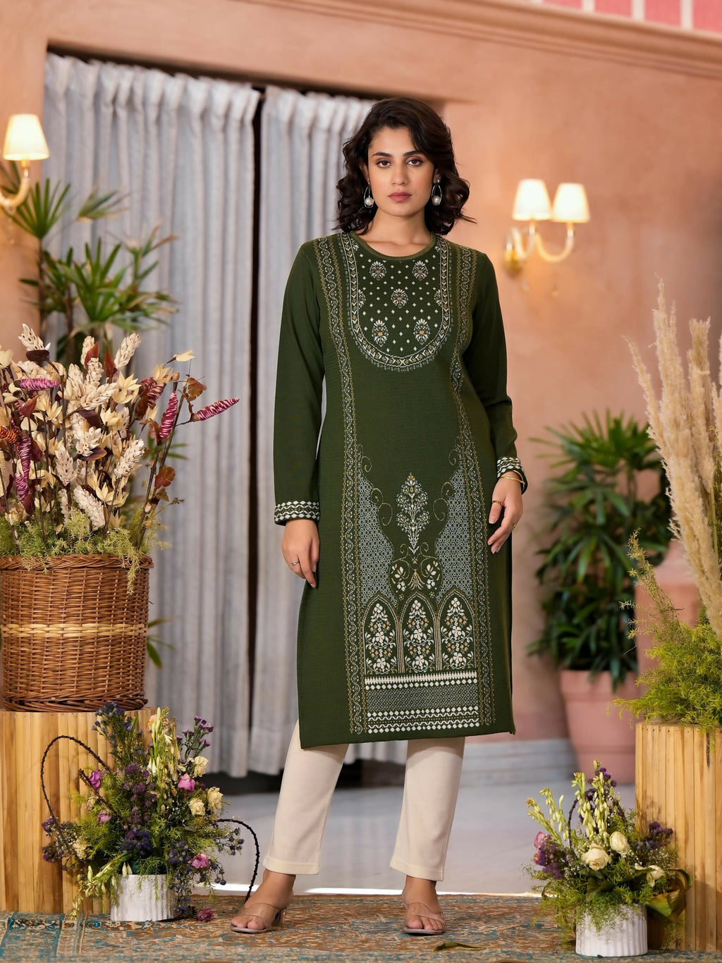 Juniper Women's Olive Ethnic Motif Printed Polycotton Kurta | Grocsy
